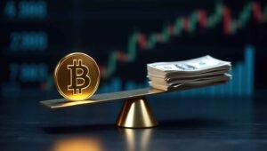 A digital balance scale with Bitcoin and U.S. dollar showing economic power comparison